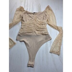 Windsor Beige Mesh Polka Dot Ruched Long Sleeve Bodysuit Cottage Core Boho S